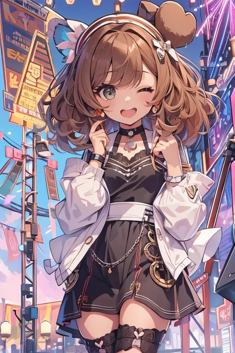 Top quality, highly detailed, UHD, idol, dress  cute and beautiful anthropomorphic koala girl with brown curly bob hair wearing a heart shaped choker on outdoor stage