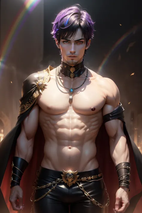 (8k,photorrealistic　CRU photo　Maximum quality;1.4) (1 young boy) Super handsome king of the underworld　(lifelike face) 　(Short rainbow hair)　slenderbody　Muscular and macho　Black and rainbow aristocratic outfit with big golden eyes　Rainbow decoration　Fangs ...