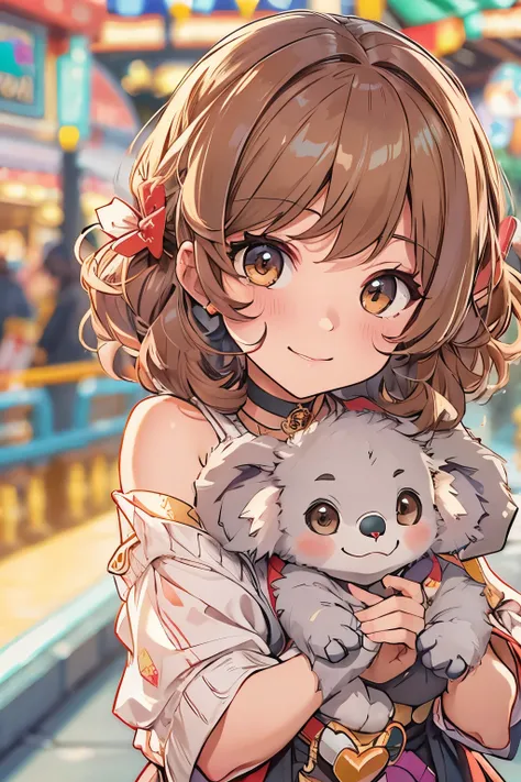 Top quality, highly detailed, UHD, idol, playing at an amusement park, cute and beautiful anthropomorphic koala girl with brown curly bob hair wearing a heart-shaped choker, casual clothes