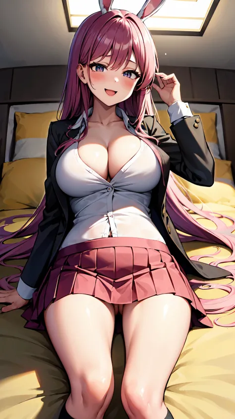 （（super high quality,Ultra-high resolution,16K,super masterpiece,Ultra HD,Ultra high definition,））One high school girl,White bunny ears,Very long straight purple hair,slender naked,Cleavage,sexly,（Black blazer,White nude shirt,popped Tight collar,Pink mini...