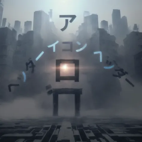 A robot made up of parts constructed in the shape of Japanese characters、Each part is floating、cool、Mechanical texture、A giant robot bigger than a building、The background is a city of collapsed buildings.