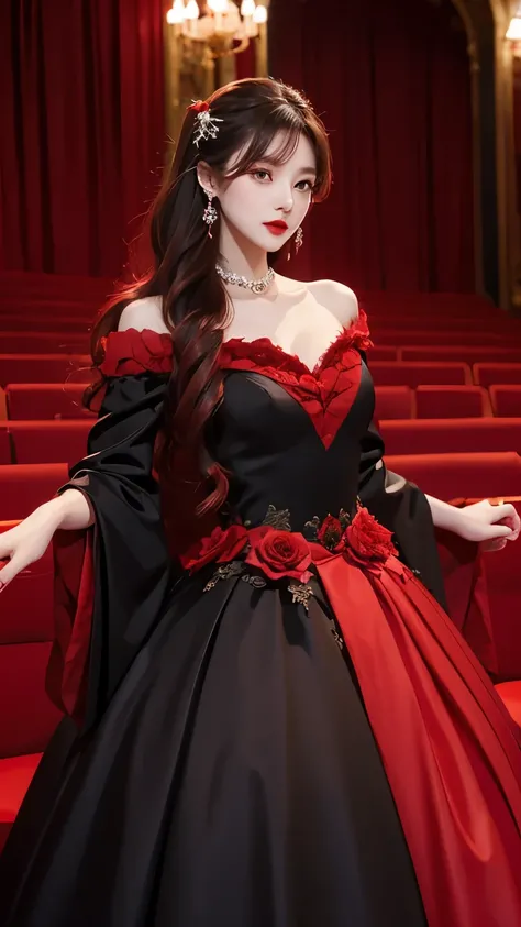 Opera House、woman、Wearing a red and black rose dress、Vermilion Hair