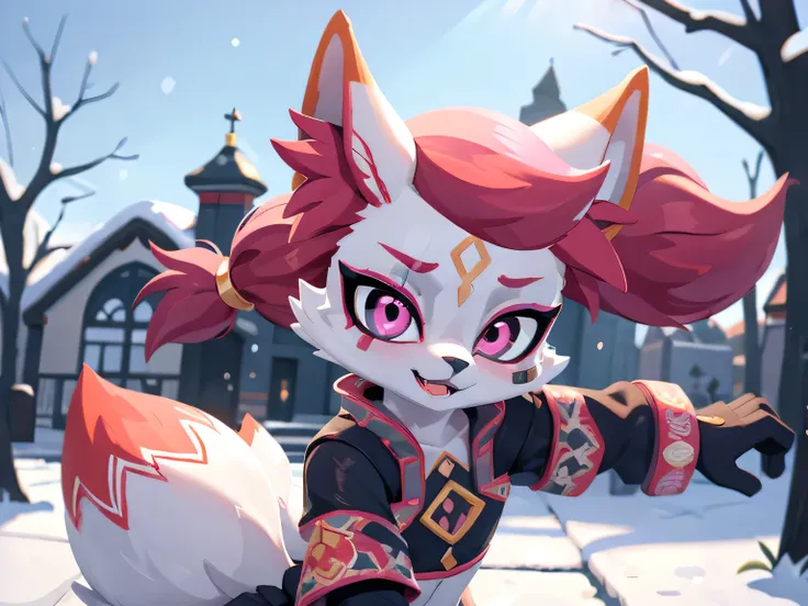 kimiko, furry female anthro, fox girl, multiple tails, solo, short ponytail, scar on the eye, detailed face, masterpiece, perfect lighting, perfect shadows, perfect hair, perfect face, dressed, warm winter clothes, snowy day, snow, jump