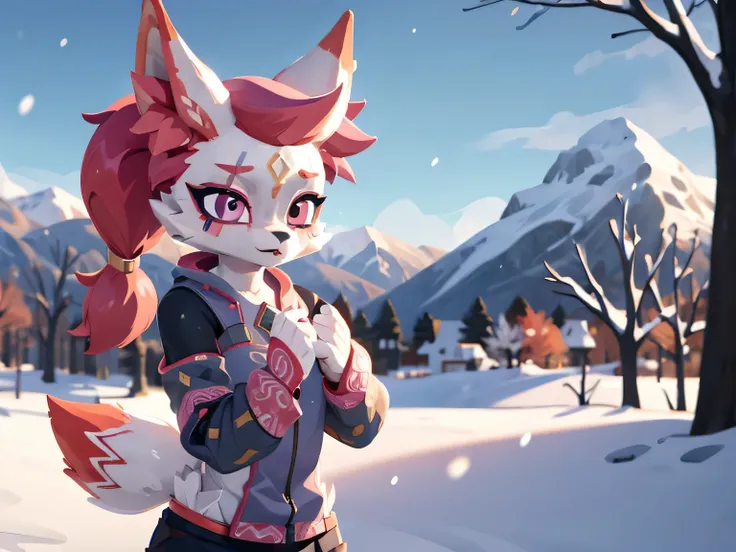 kimiko, furry female anthro, fox girl, multiple tails, solo, short ponytail, scar on the eye, detailed face, masterpiece, dressed, warm winter clothes, snowy day, snow, jump