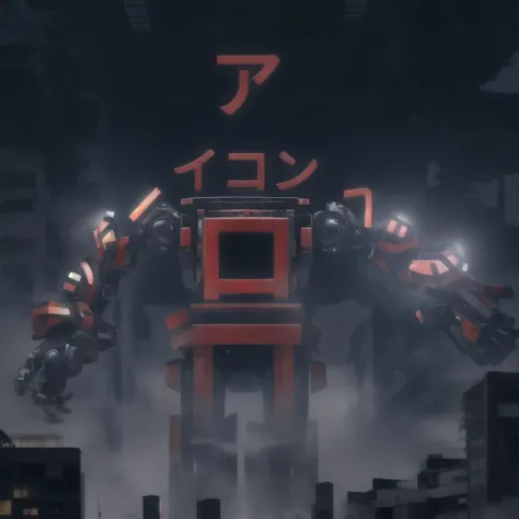 A robot made up of parts constructed in the shape of Japanese characters、Each part is floating、cool、Mechanical texture、A giant robot bigger than a building、The background is a city of collapsed buildings.