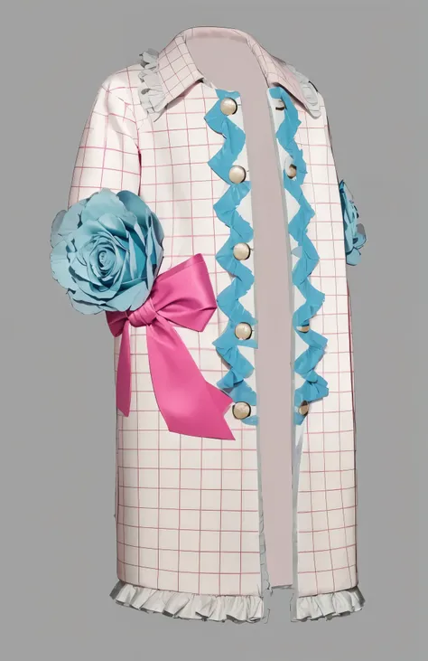 voluminous coat, Winter coat, warm coat, pink bow, checkered pattern, with a blue rose on the sleeves. blue roses. ruffles at the bottom of the coat, the bottom of the coat is ruffled