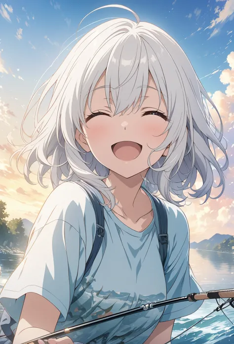 masterpiece, Highest quality, Highly detailed CG Unity 8k wallpaper, High School Girl Anime Illustration. fishing, she has her eyes closed and mouth open, smile. The background is a light pastel colored landscape., white hair color, Yellow Eyes, Written bo...