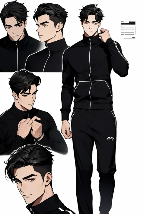 Handsome male in his 20s with black hair smiling, eyes closed, black tracksuit, clapping, character sheet, fighting