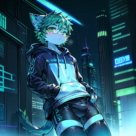 Masterpiece, 4K quality, top quality, high performance, high detailed, smooth, light, ((short cat, male gender, Light green eyes, green hair, white skin color, neon eyes, wear cyber hoodies, wear black tight boxer, wear black tights stockings, cyber lens, ...