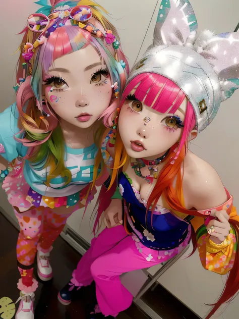 Two people with colorful hair and costumes taking a photo, Decora style, Cute Decora Rainbow Core, Harajuku hair, Peach and sesame style, Harajuku fashion, Harajuku, Portrait of a Japanese Gal, Yoshitomo Nara and Aya Takano, Decora style illustrations, Dol...