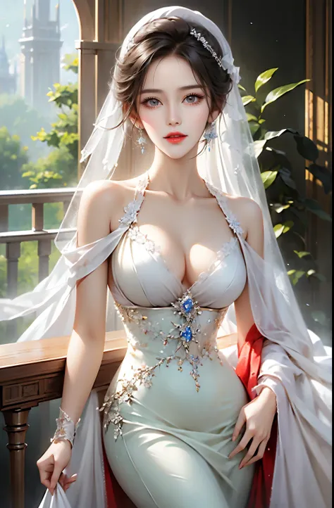 (very detailed, high resolution,8k,professional),beautiful and delicate eyes,Lips with beautiful details,very detailed 눈과 얼굴,long eyelashes,1 woman,Pale Ghost Girl,white porcelain skin,Soft portrait,red lips,white dress,white hat,Guweiz style work,pale you...