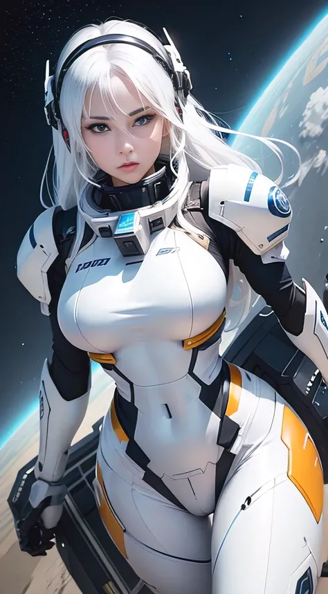 1 sexy girl, white hair, blue eyes, white skin, makeup, perfect body, wearing a mecha pilot suit (black), piloting a mecha (simulating a battle), outer space in the background, (high quality), ( 4K), (cinematic quality), (masterpiece).