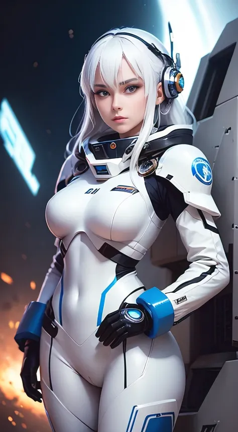 1 sexy girl, white hair, blue eyes, white skin, makeup, perfect body, wearing a mecha pilot suit (black), piloting a mecha (simulating a battle), outer space in the background, (high quality), ( 4K), (cinematic quality), (masterpiece).