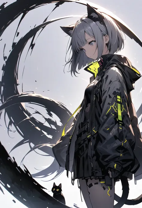 Detailed silhouette of a cyberpunk girl with cat ears and a tail, Bob Cut Hair, Flowing, Tattered coat, He has a giant sickle with a mechanical cat design.., Stand on the glossy, Minimalist Reflective Surface, Soft Gray Background.