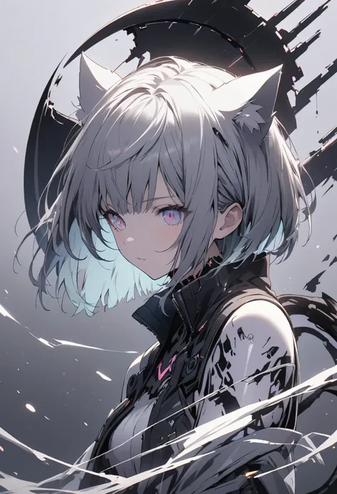 Detailed silhouette of a cyberpunk girl with cat ears and a tail, Bob Cut Hair, Flowing, Tattered coat, He has a giant sickle with a mechanical cat design.., Stand on the glossy, Minimalist Reflective Surface, Soft Gray Background.