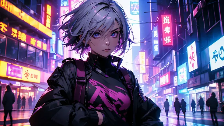 (ultra-realistic, high resolution, best qualityer, 4K, proffesional, cowboy shot), an image of a character sitting in a neon-lit area, beauty eyes, sharp looking eyes. Her Asymmetrical Pixie Hairstyle, silver hair, shorth hair, and left-swept bangs with re...