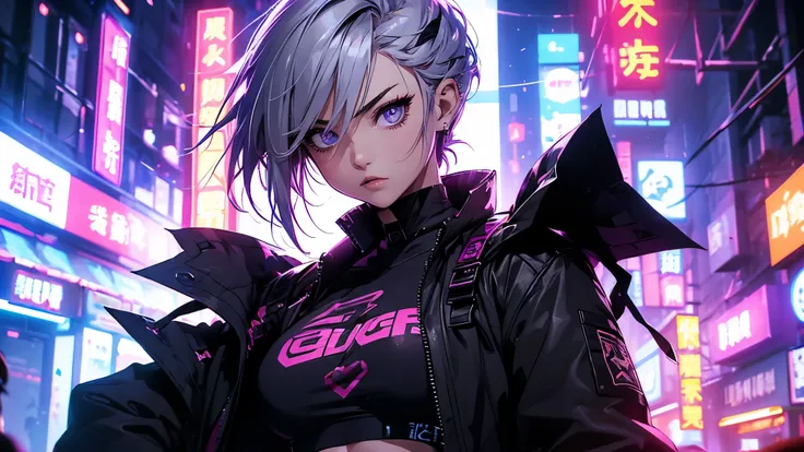 (ultra-realistic, high resolution, best qualityer, 4K, proffesional, cowboy shot), an image of a character sitting in a neon-lit area, beauty eyes, sharp looking eyes. Her Asymmetrical Pixie Hairstyle, silver hair, shorth hair, and left-swept bangs with re...