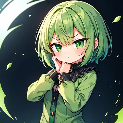 Girl with short green hair covering her eyes with her hands, angry, green witch clothes 