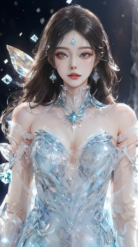 goddess、big bust、Stand gracefully、(The most luxurious ice palace background:1.4)、(Mysterious Fairy Tale Sky Blue Fog:1.15)、The background is a well-designed ice palace.、Beautiful ice ceiling、(Intricately crafted palace interior background, Sparkling transp...