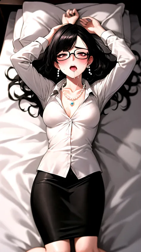 （（super high quality,Ultra-high resolution,4K,8k,super masterpiece,Ultra HD ,Detailed shading））,Dimly lit bedroom,Full body photo,sexy mother,Lying in bed,A white shirt with the collar turned up,Tight collar,Long sleeve,Black Pencil Skirt,Black Hair,Big pe...