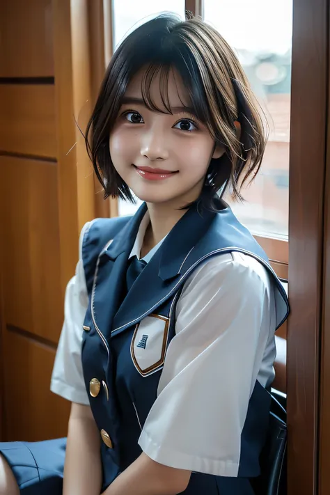 (Masterpiece, Best quality), (Short bob Hair), (High School Uniform), upper body shot, sitting, (Indoor Lighting), shy smile
