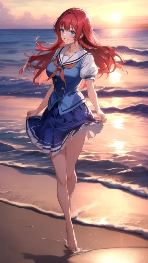 kotorishirakawa, ((masterpiece, best quality, highres, distinct_image)), extremely beautiful and delicate, extremely detailed, intricate detail, 1girl, solo, short stack, huge breasts, red hair, long hair, straight hair, Blue eyes, BREAK skirt, school unif...
