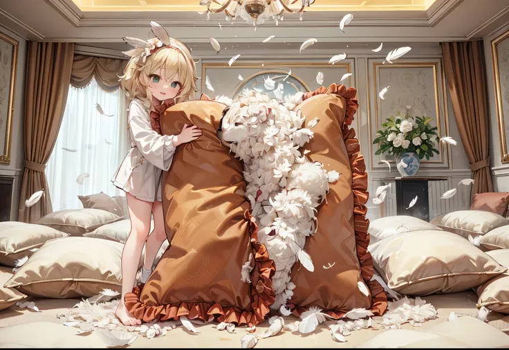 (best quality, masterpiece) , details, (Light and shadow oxtail) , Cute girl posing on pillow ,Pillow, Upholstered,Soft pillow,(Pillow),The love surrounding the protagonist,steam,(Luxury Pillow),(Gorgeous pattern pillow),luxurious pillow, standing,(Love ar...