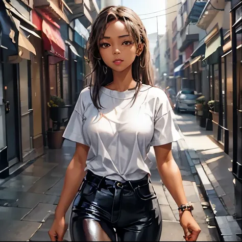 filipina girl, light brown skin, (full lips: 1.2), white t-shirt, black jeans, walking along city street