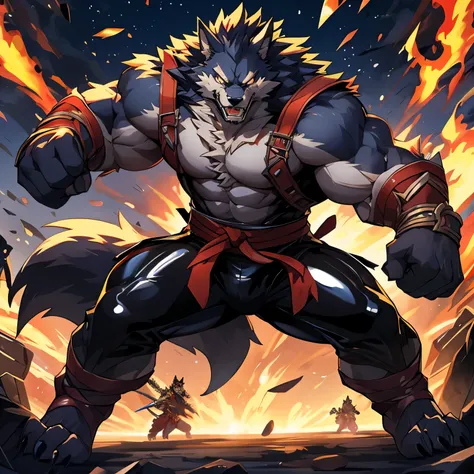 A muscular one，Wearing latex，Four arms，Fighting Stance的，werewolf，Full body picture，In battle，Front view，Fighting Stance，In battle，toe，Facial details