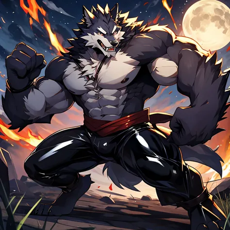 A muscular one，Wearing latex，There are four arms，Fighting Stance的，Werewolf，Full body picture，In battle，Front view，Fighting Stance，In battle，Four arms