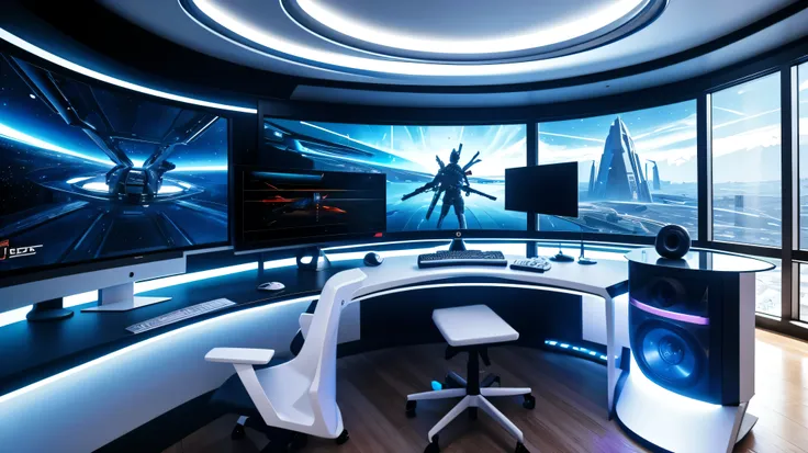 scifi, futuristic white pc gaming room, 3 curved monitors, futuristic, hightech, hard-surface design, daylight, much tech, much electronic, very cozy, ambient light, realistic view, wide angle, year 2224