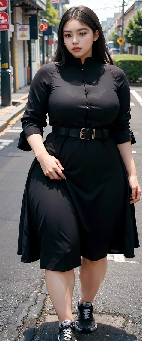 ((best quality)), ((masterpiece)), (detailed), malay woman, perfect face, araffe woman in a dark-black gamis walking down a street, thicc, she has a jiggly fat round belly, bbwchan, wearing tight simple clothes, skinny waist and thick hips, widest hips, he...