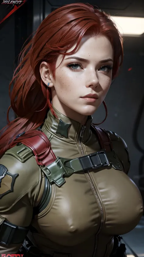 Scarlett from G.I. Joe in a sexy, low-cut military outfit. Sexy face. Red hair and freckles on her face. Busty