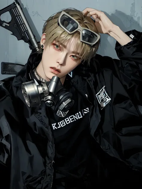 there is a man wearing a gas mask and holding a gun, jung jaehyun, bladee from drain gang, kim doyoung, wearing japanese techwea...