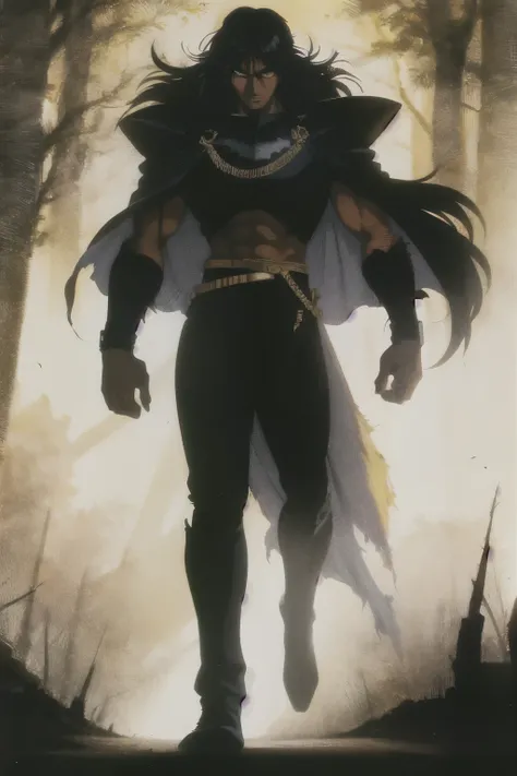 1 Dark-skinned man with yellow eyes, black long hair , black armor ,black bearskins on his shoulders and a torn cape, walking in a shadowy forest with a red sword in his hand 1980s (style), full body, (Highest quality,Ultra-high resolution)