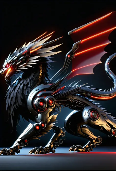 Futuristic war robot shaped like a small black dragon with some red details, His head is cybernetic metal with an aerodynamic shape