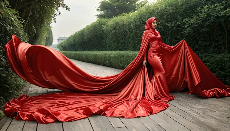 a woman shrouded in a 10-meter-long, plush red satin cloth, tightly bound and grandly draping along the form of her body, flowin...