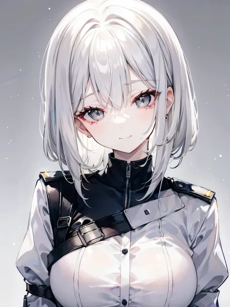 adult woman, white hair, shoulder-length hair, ((grey eyes)), police uniform, cute face, pretty appearance, kind look, cozy atmo...