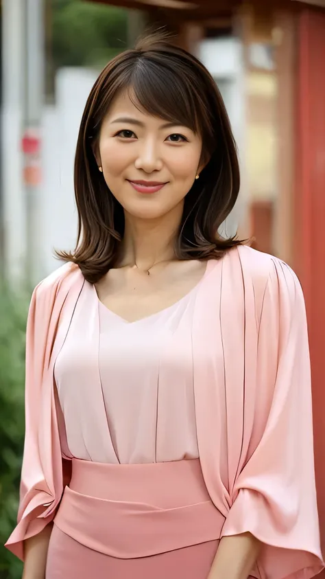 One Japanese woman, Commemorative photo of graduation ceremony、Cowboy Shot、Detailed face, Red lipstick, Captivating look, From the chest up, Highest quality, Very detailed, Perfect Anatomy, (Wearing a light pink suit and pencil skirt:1.2), The inner layer ...