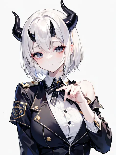 adult woman, White hair, (shoulder-length hair), ((grey eyes)), police uniform, cute face, Pretty appearance, kind look, Cozy atmosphere, kindness and positivity, nice smile, closed mouth, closed clothing, (((plain background))), (horns), Demon Girl, short...