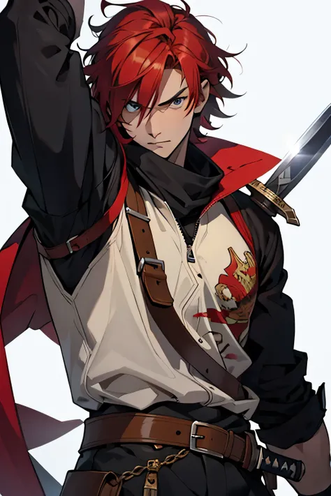 score up_9,score up_8,score up_7,source_アニメ,retro,masterpiece,best quality,super fine illustration,super detailed,8k,BREAKmale,18 yo,red hair,sword master,red mantle,holding_sword,cool cool cool,sharp eyes,8k,BREAK Bar,detailed background,