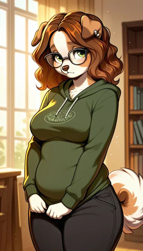 ((best quality)) Solo, hi_res, score_9,score_8_up,score_7_up, score_6_up, score_5_up, score_4_up, source_furry, Antro furry dog female, floppy ears, beautiful shoulder-length wavy haircut, hair walnut brown, white fur, green eyes, standing in the living ro...