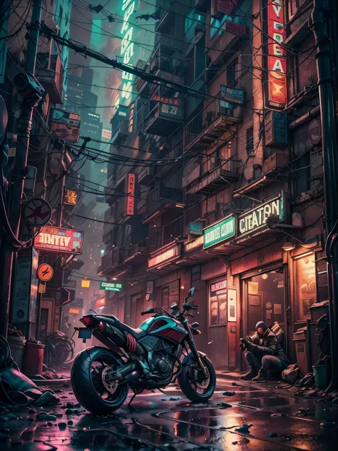 "Create a high-definition, ultra-detailed 3D rendering of a dystopian cyberpunk back alley set in the year 2527. The scene takes place at night during a mysterious, rainy atmosphere. In the foreground, prominently feature a motorcycle girl. She should be p...