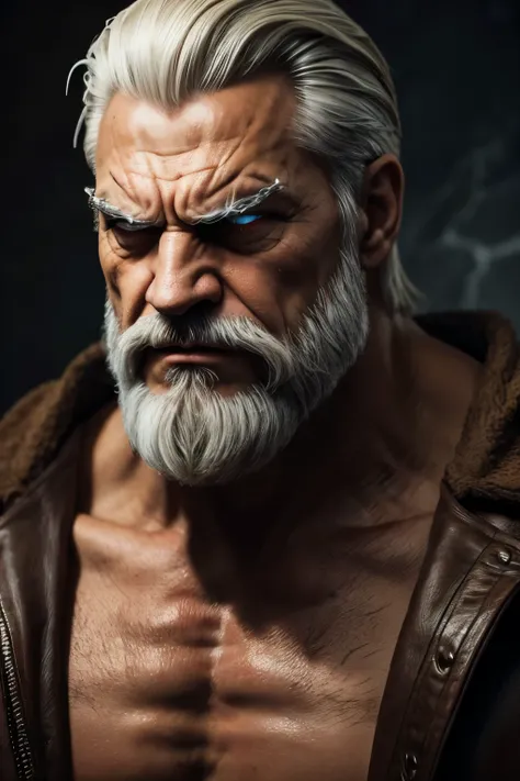 create an elderly character with an evil face, furious eyes and strong, with the appearance of Zeus.