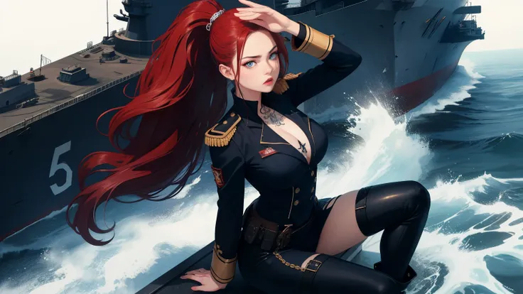 Hot young woman, long red hair, ponytail, admirals uniform, many nautical tattoos, black make-up, high boots, high quality, best quality, high details, blue eyes, perfect body, old battleship in backround, navy, guns, masterpiece, multilayer, angry eyes, s...