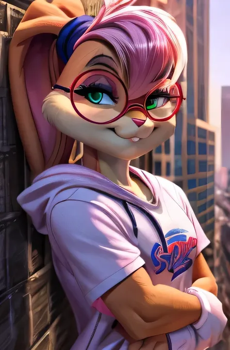 lola bunny, (((pink hair))), green eyes, with round glasses, with a short sweatshirt, on a city