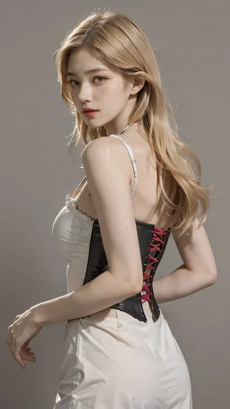 1girl, solo, looking at viewer, blonde long hair, wearing a corset, big ass, brown eyes, upper body, grey background, normal , lips, realistic, .