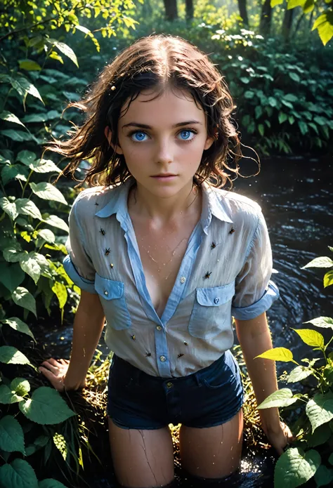 (realystic:1.4), analog photo style, depths of field, (dark-haired lightfoot halfling with blue eyes, wearing a linen shirt), (s...