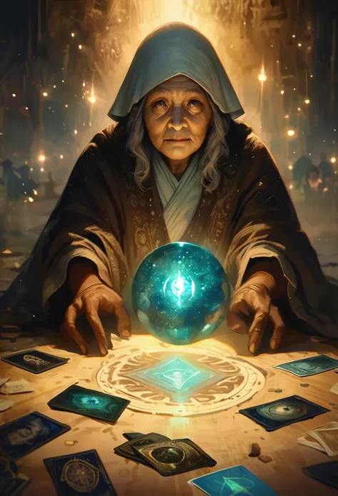 Impressionist paintings, Realistic, One old woman, fortune teller, Tarot cards on the table, View your viewers, Dark Skin, Mysterious, Magic, Shine, Shineing, dark Magic lighting, Sulky, Cinematic, Shine, Sparkling, darkness