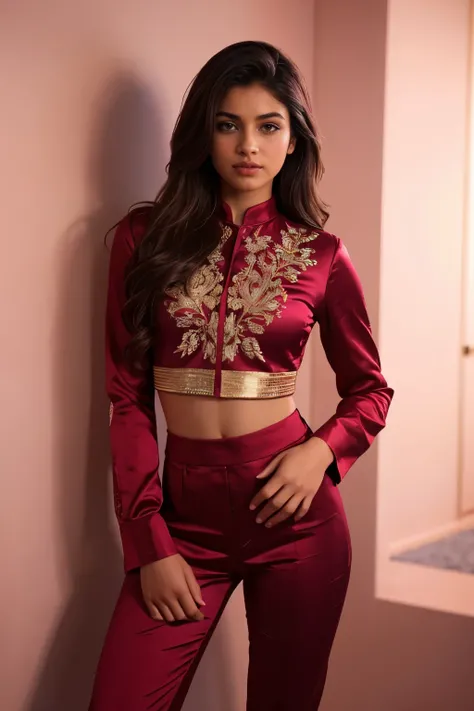 An indian Instagram model, wearing a maroon gold satin shirt and pants in a elegant looks, d size, elegant pose, in a pink background, rim light, warm lights, smoke, long glazing hair